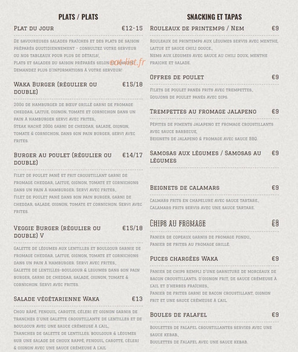 Waka Bar — carte page 1