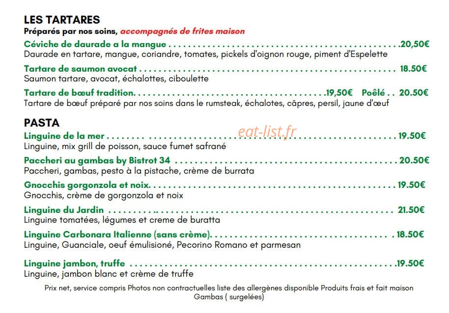 Bistrot 34 — carte page 1
