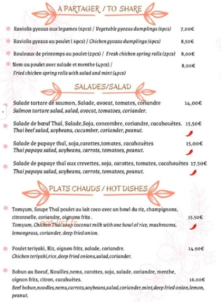 Carte et menu de Kinsue, Art of Street Food à Grasse — Les salades , plats chaudes et à partager