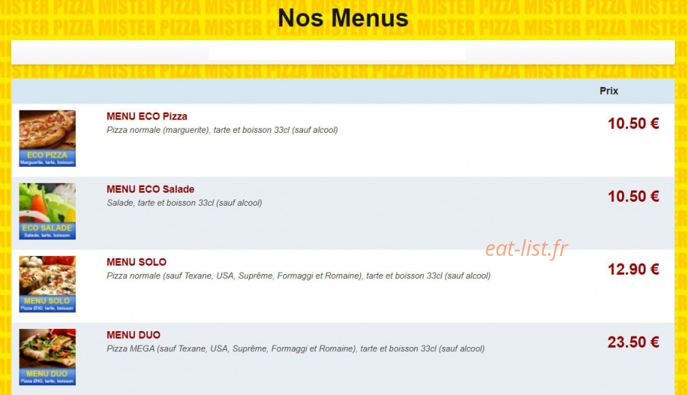 Mister Pizza — carte page 1
