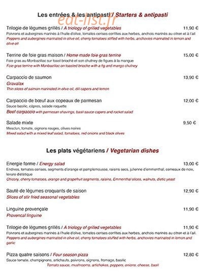 La Régence Cafe — carte page 1