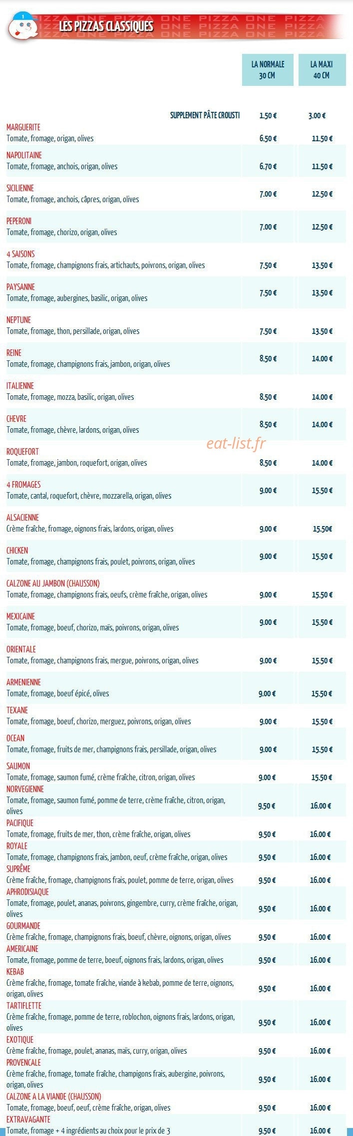Pizza One — carte page 1
