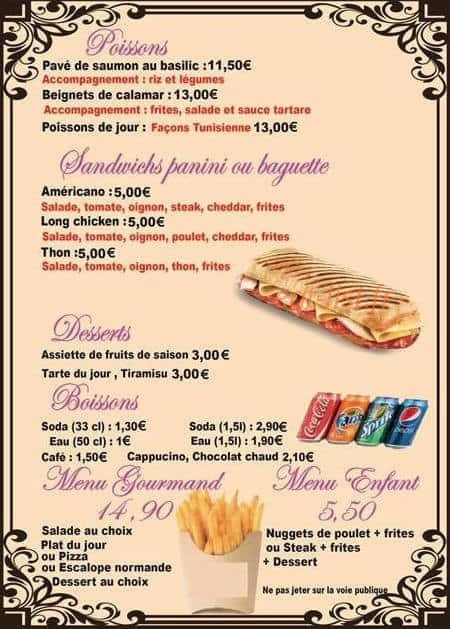 Carte et menu de Le Convivial Family à Juan les Pins — Poissons, sandwiches, desserts,...