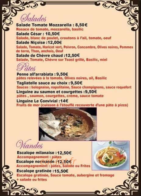 Carte et menu de Le Convivial Family à Juan les Pins — Salades, pâtes et viandes