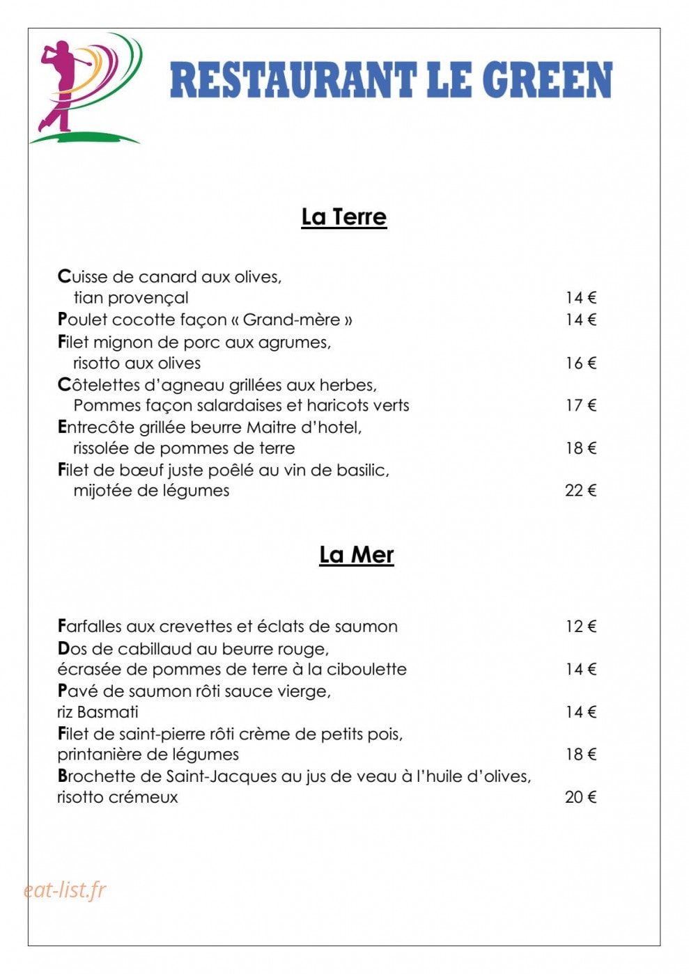 Golf Park Hotel — carte page 2
