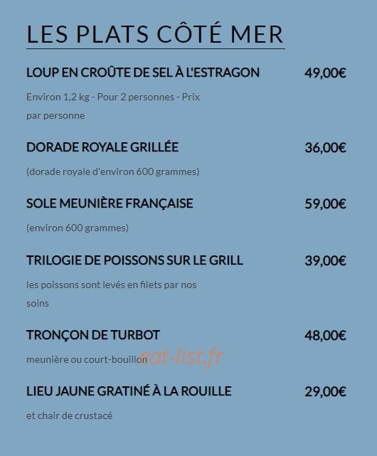 Carte et menu de La Brocherie à Mandelieu la Napoule — La carte plats coté mer