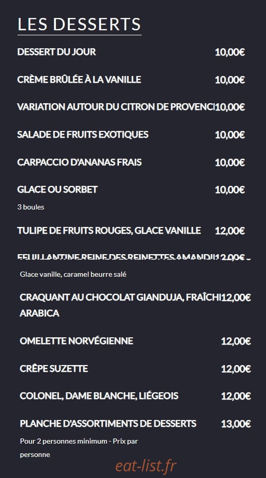 Carte et menu de La Brocherie à Mandelieu la Napoule — Les desserts