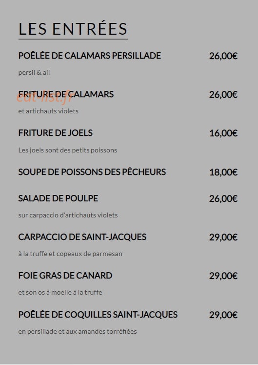 Carte et menu de La Brocherie à Mandelieu la Napoule — La carte entrées