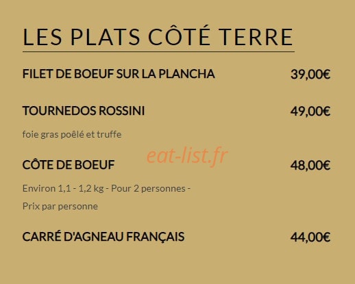 Carte et menu de La Brocherie à Mandelieu la Napoule — La carte plats coté terre