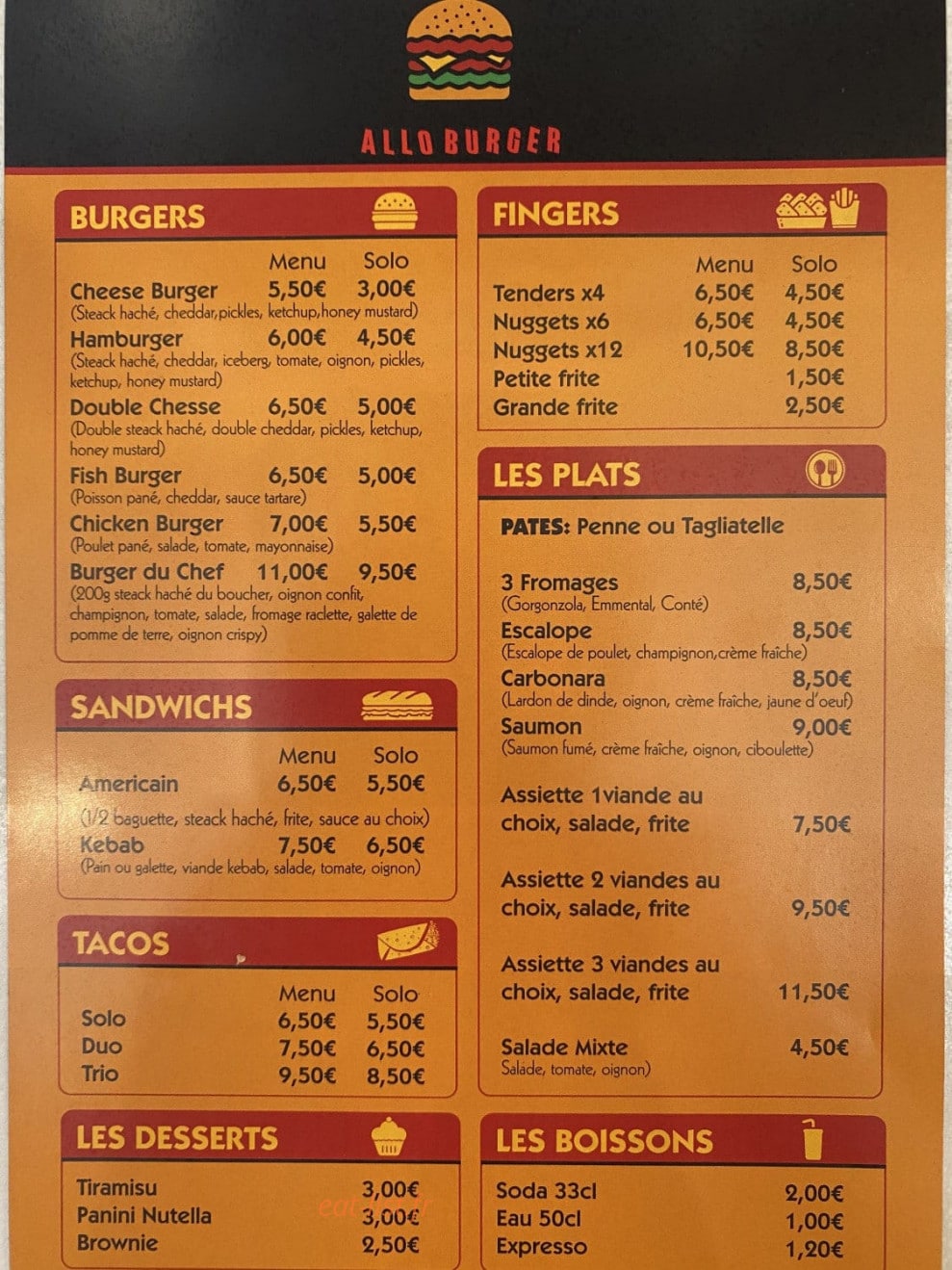 Allo Burger — carte page 1