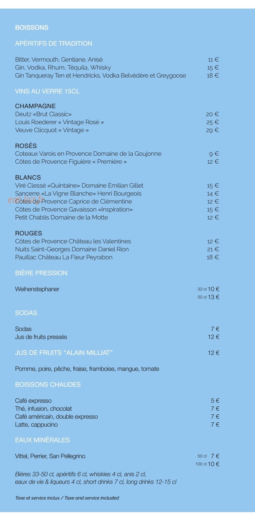 Carte et menu de Jasmin Grill & Lounge à Saint Jean Cap Ferrat — Les boissons