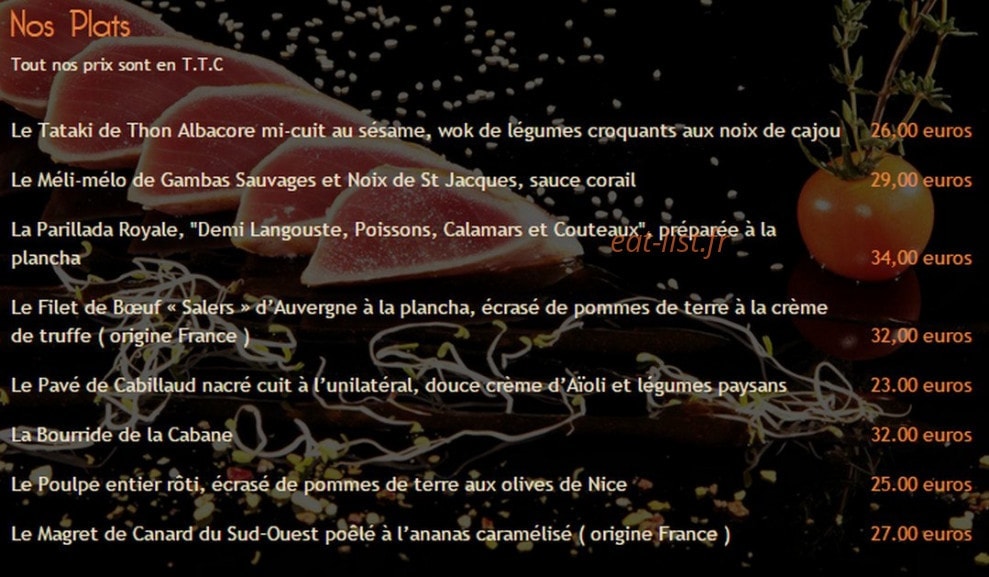 Carte et menu de La Cabane de l'Ecailler à Saint Jean Cap Ferrat — Les plats
