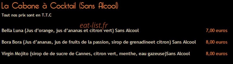 Carte et menu de La Cabane de l'Ecailler à Saint Jean Cap Ferrat — Les cocktails sans alcools