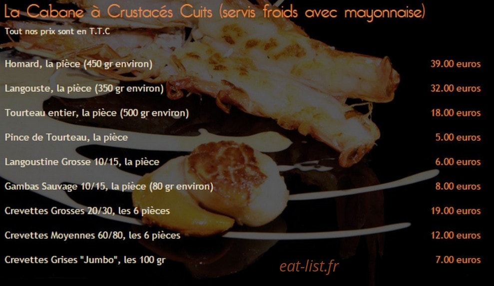 Carte et menu de La Cabane de l'Ecailler à Saint Jean Cap Ferrat — La cabane à crustacés cuits