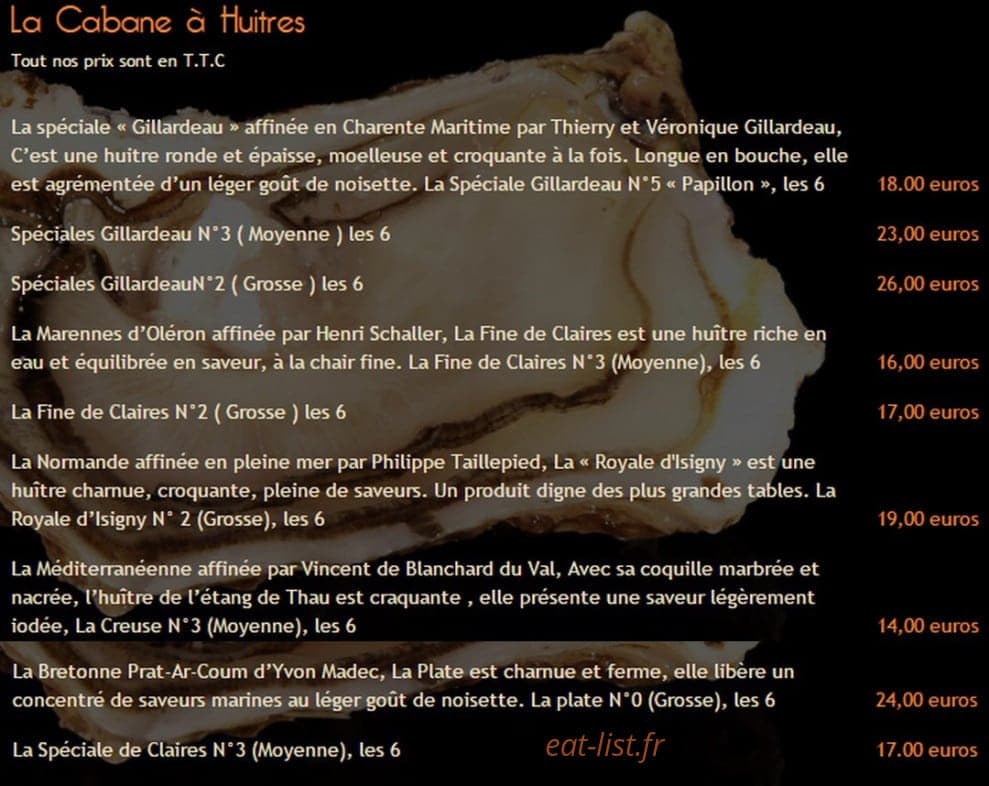 Carte et menu de La Cabane de l'Ecailler à Saint Jean Cap Ferrat — La cabane à huîtres