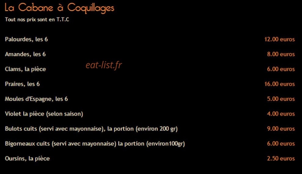 Carte et menu de La Cabane de l'Ecailler à Saint Jean Cap Ferrat — La cabane à coquillages