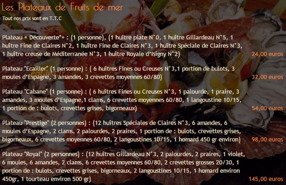 Carte et menu de La Cabane de l'Ecailler à Saint Jean Cap Ferrat — Les plateaux de fruits de mer