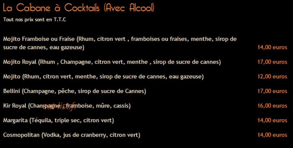 Carte et menu de La Cabane de l'Ecailler à Saint Jean Cap Ferrat — Les cocktails avec alcools