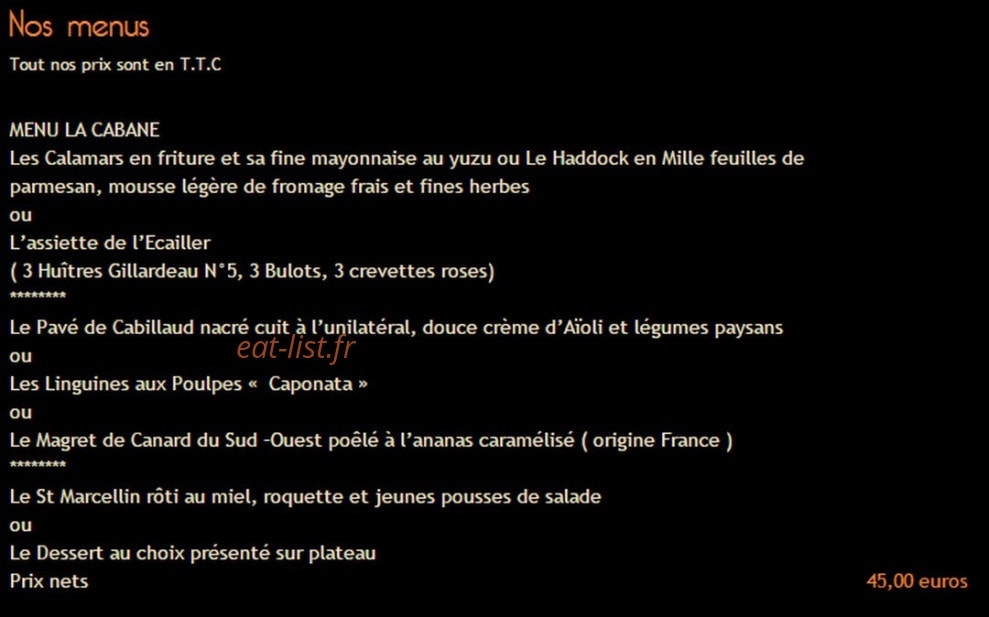 Carte et menu de La Cabane de l'Ecailler à Saint Jean Cap Ferrat — Les menus