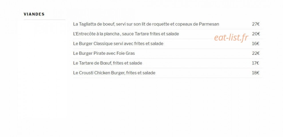 Carte et menu de Le Pirate à Saint Jean Cap Ferrat — Viandes