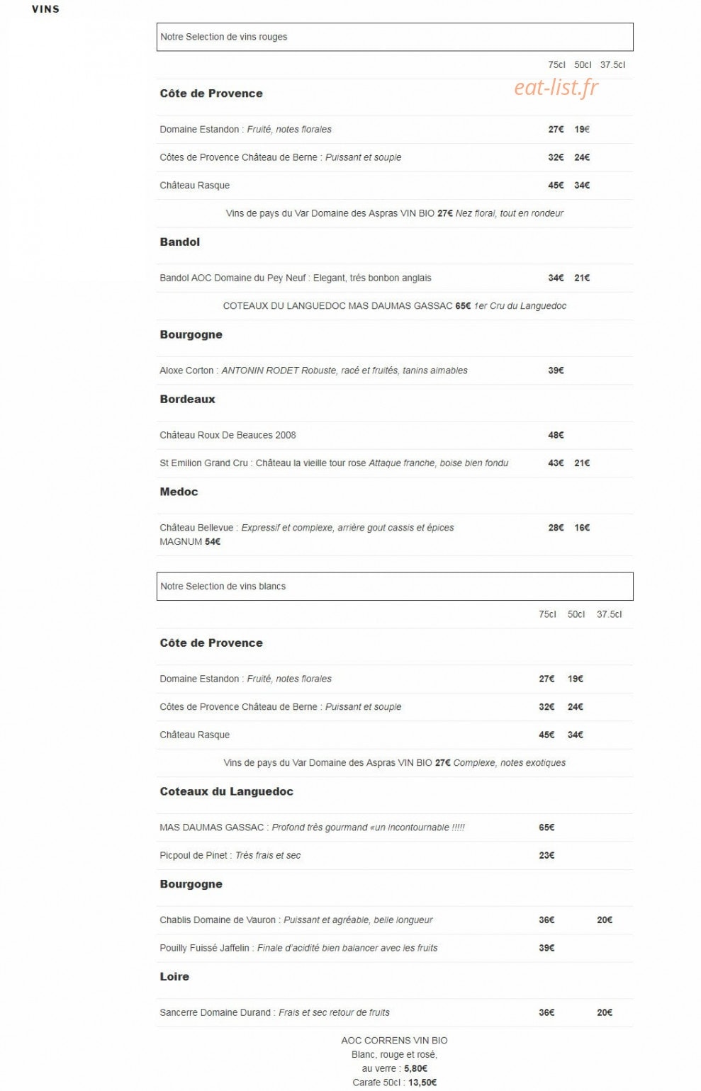 Carte et menu de Le Pirate à Saint Jean Cap Ferrat — Vins