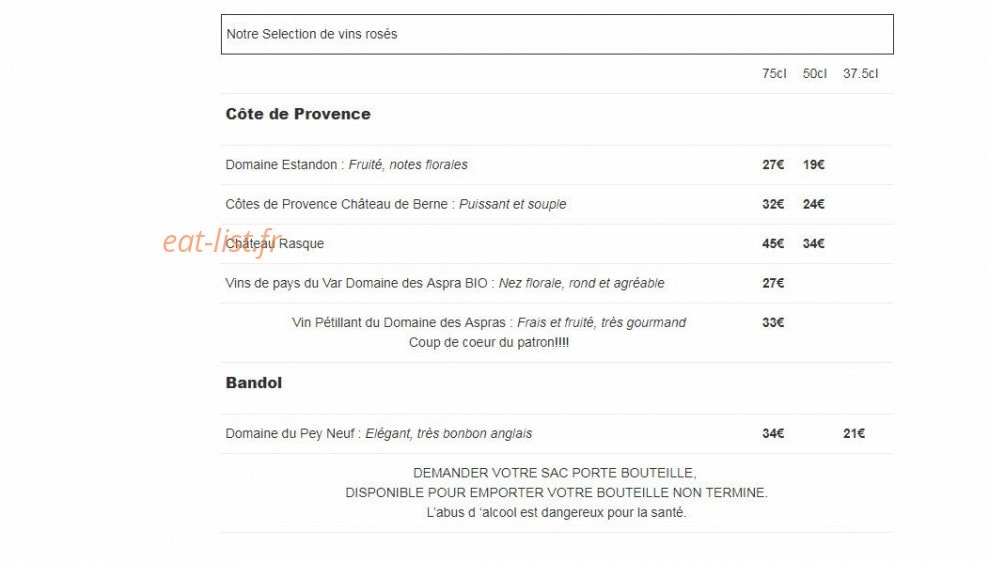 Carte et menu de Le Pirate à Saint Jean Cap Ferrat — Vins suite