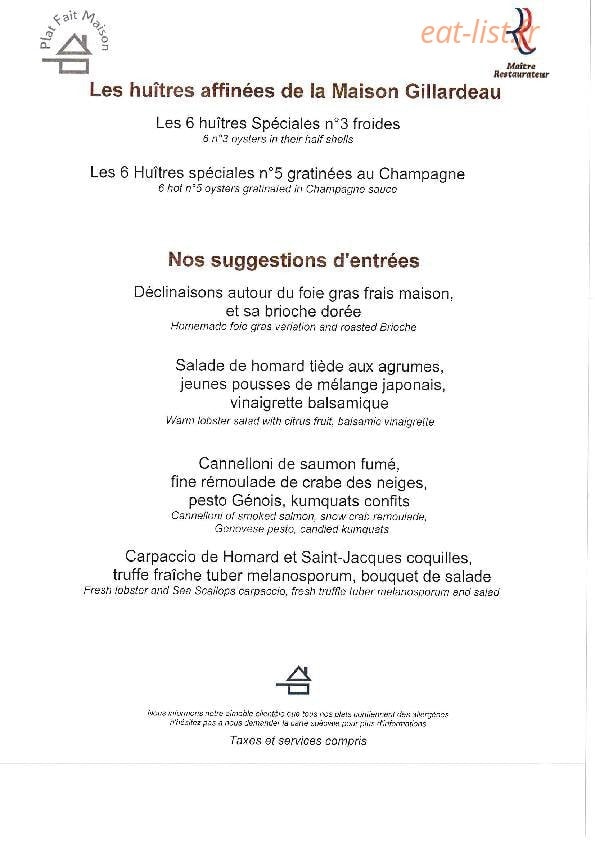 Carte et menu de La Mère Germaine à Villefranche sur Mer — Huîtres et suggestions d'entrées
