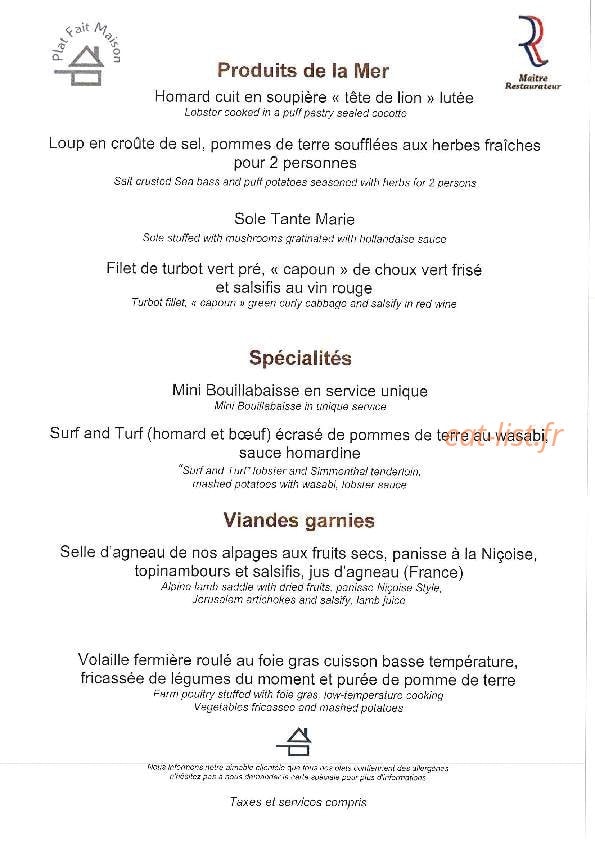 Carte et menu de La Mère Germaine à Villefranche sur Mer — Produits de la mer, spécialités et viandes garnies
