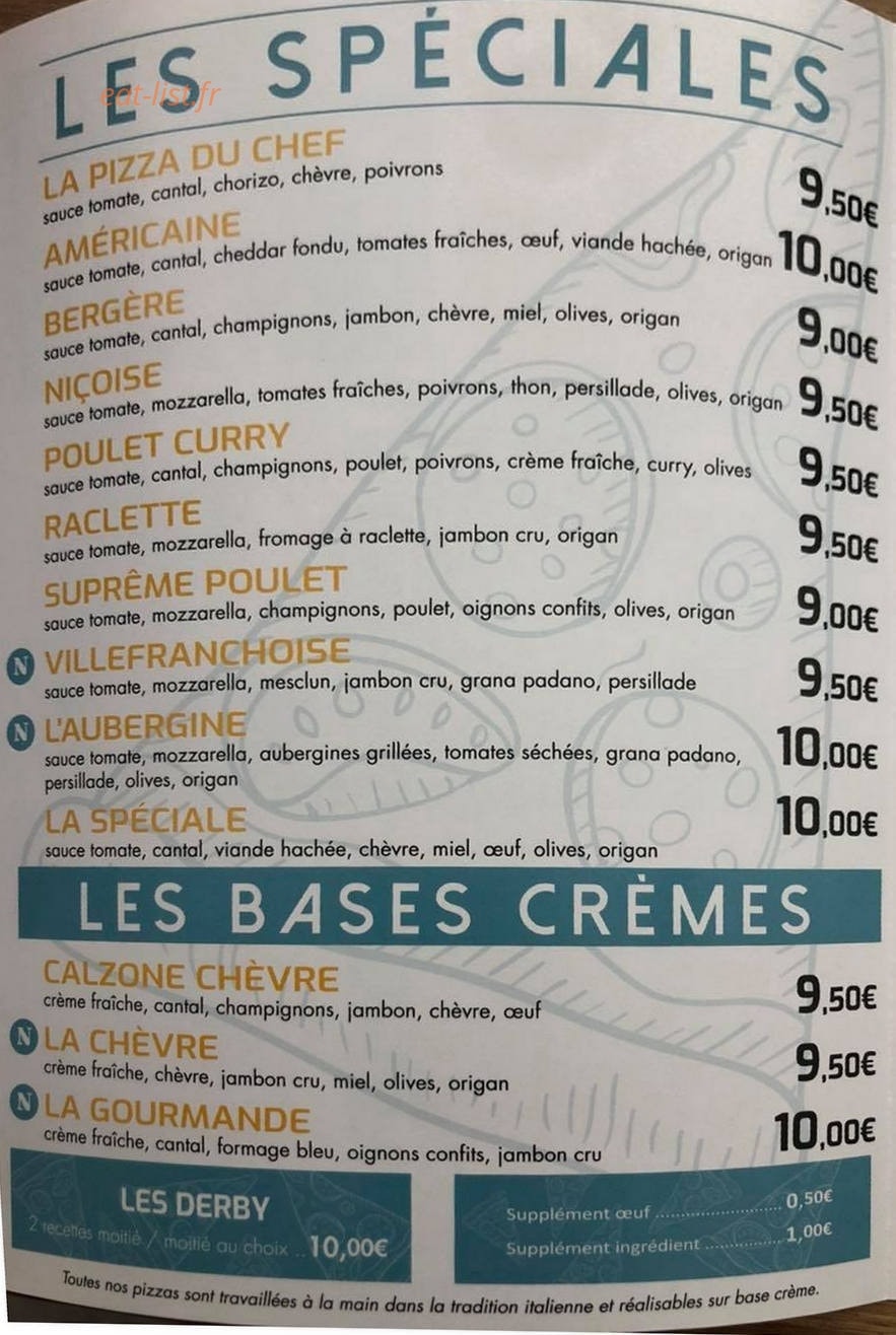 Carte et menu de Pizzeria Football club à Villefranche sur Mer — Les pizzas spéciales et pizzas base crème
