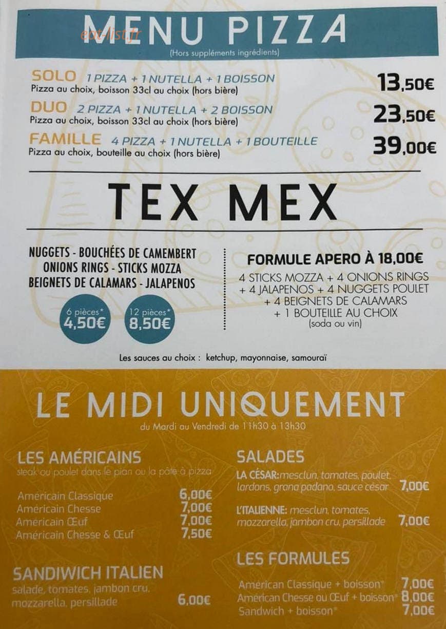 Carte et menu de Pizzeria Football club à Villefranche sur Mer — Les menus pizzas et tex mex