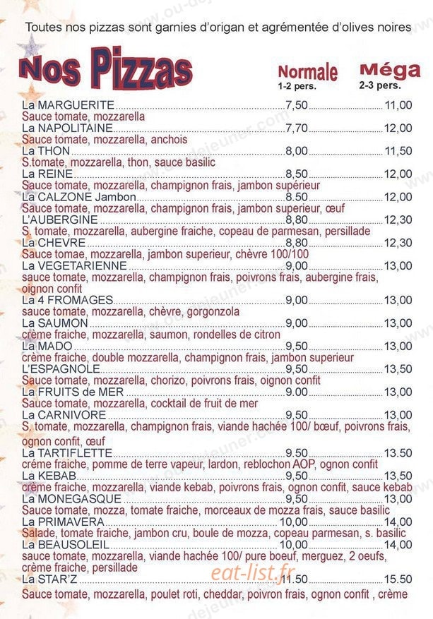 Star'z Pizza — carte page 2
