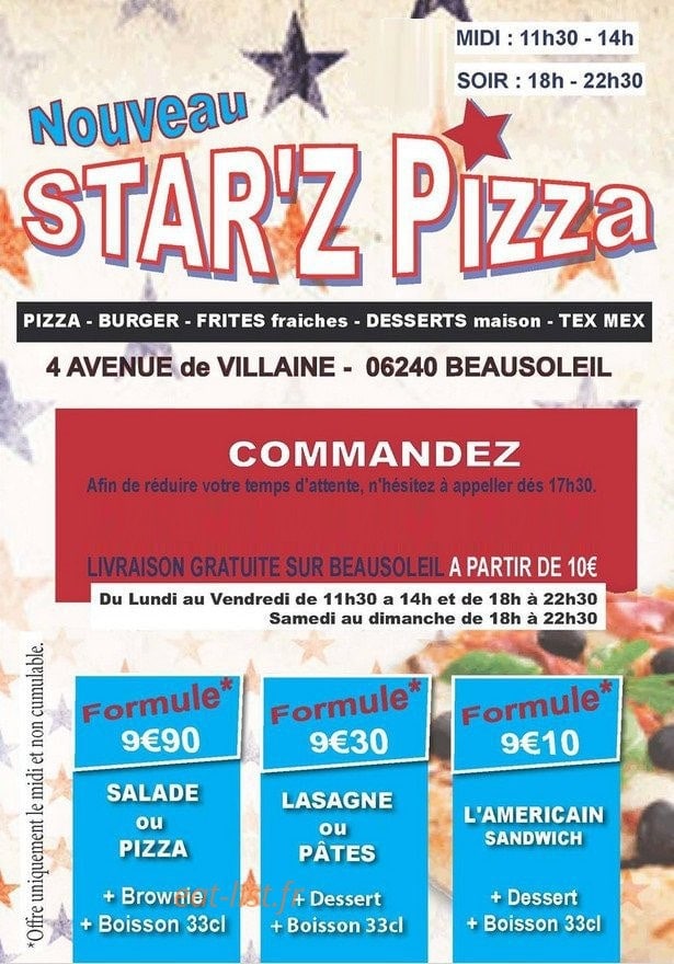 Star'z Pizza — carte page 1