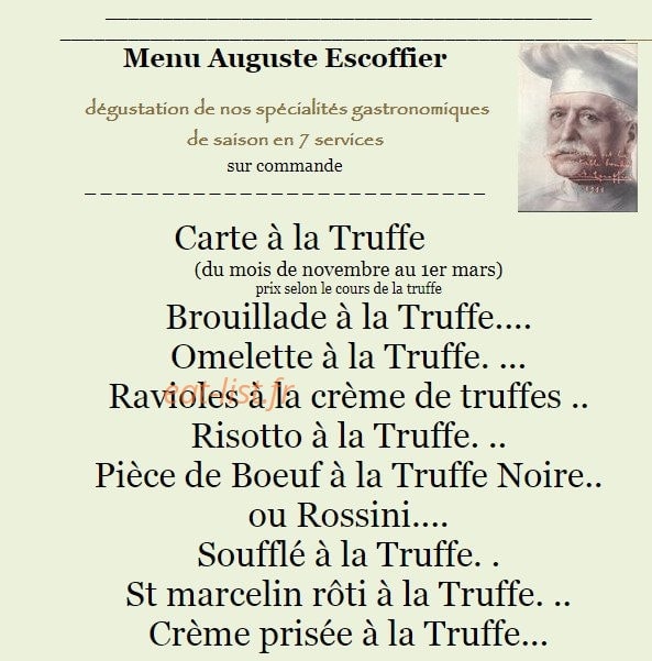 Carte et menu de L'Auberge Fleurie à Villeneuve Loubet — Menu auguste escoffier