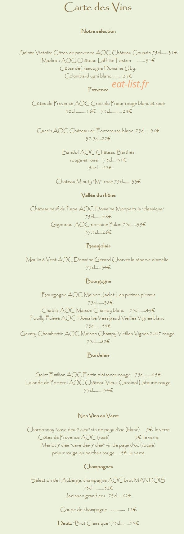 Carte et menu de L'Auberge Fleurie à Villeneuve Loubet — Vins