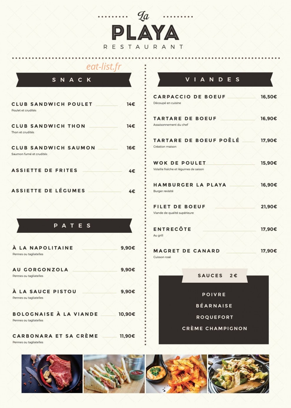 Carte et menu de La Playa à Villeneuve Loubet — Snacks, pâtes, viandes,...