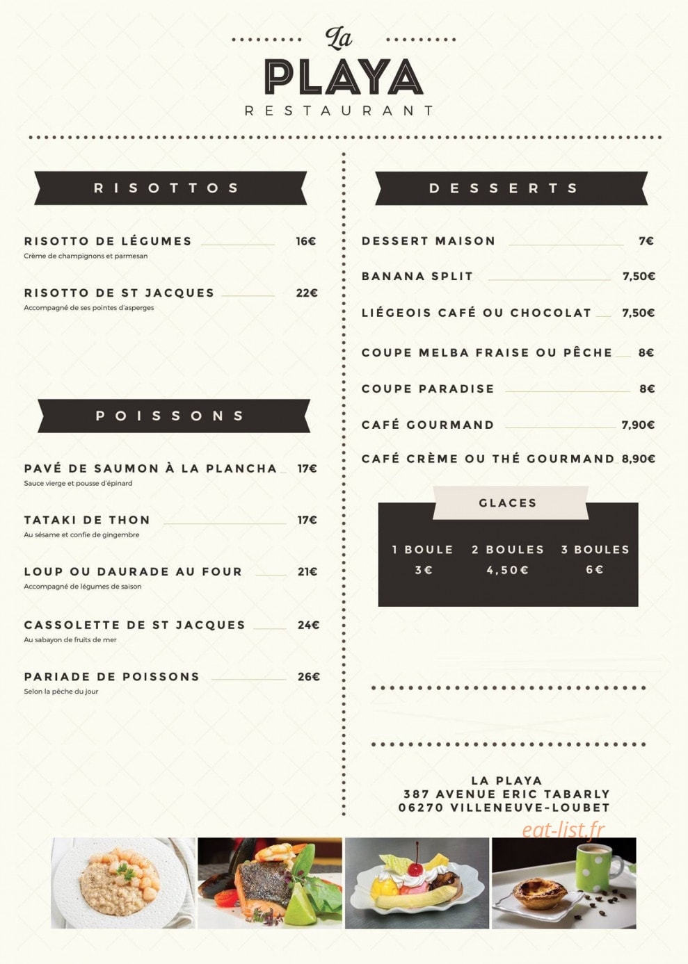 Carte et menu de La Playa à Villeneuve Loubet — Risotto, poissons, desserts,...
