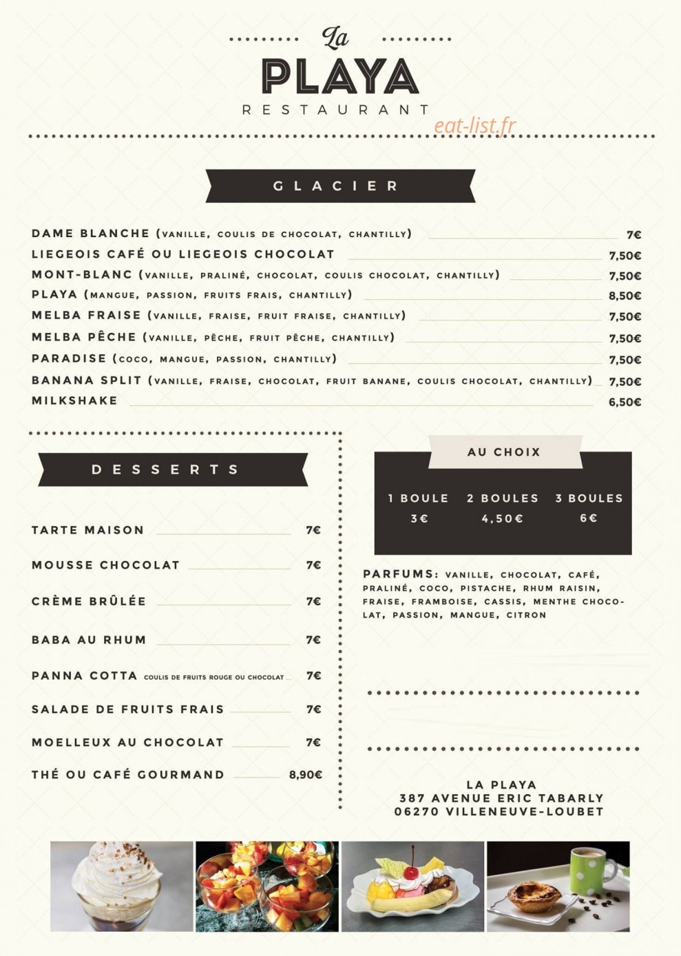 Carte et menu de La Playa à Villeneuve Loubet — Glaces et desserts