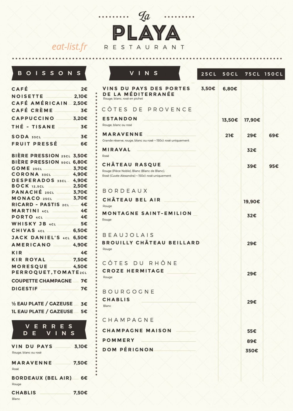 Carte et menu de La Playa à Villeneuve Loubet — Boissons et vins
