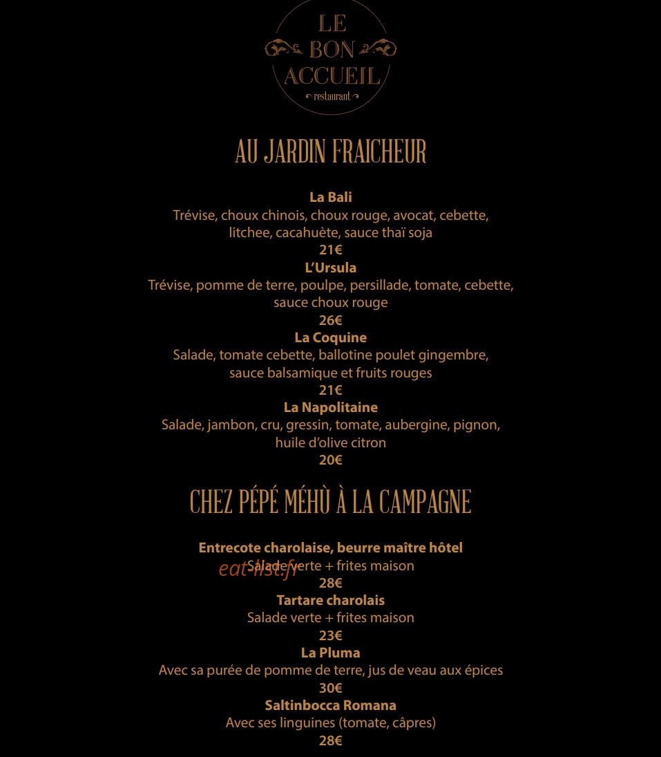 Carte et menu de Le Bon Accueil à Villeneuve Loubet — Au jardin fraicheur et chez Pépé menu à la campagne