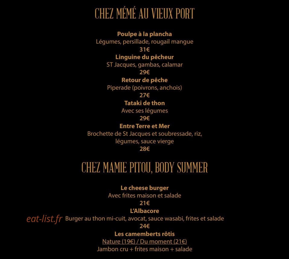 Carte et menu de Le Bon Accueil à Villeneuve Loubet — Chez Mémé au vieux port , chez Mamie Pitou et body summer