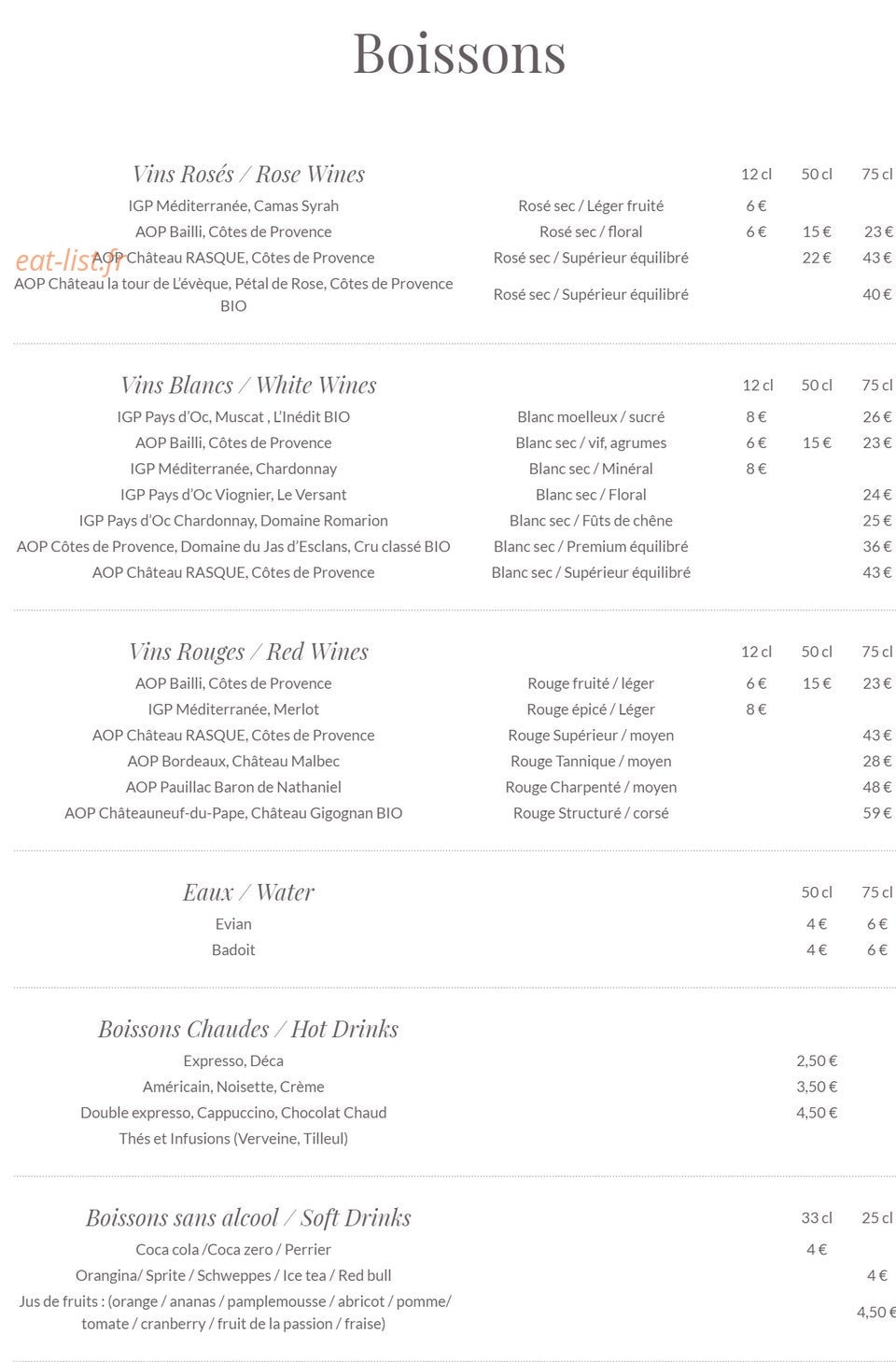 Carte et menu de Les Terrasses du Syracuse à Villeneuve Loubet — Les boissons