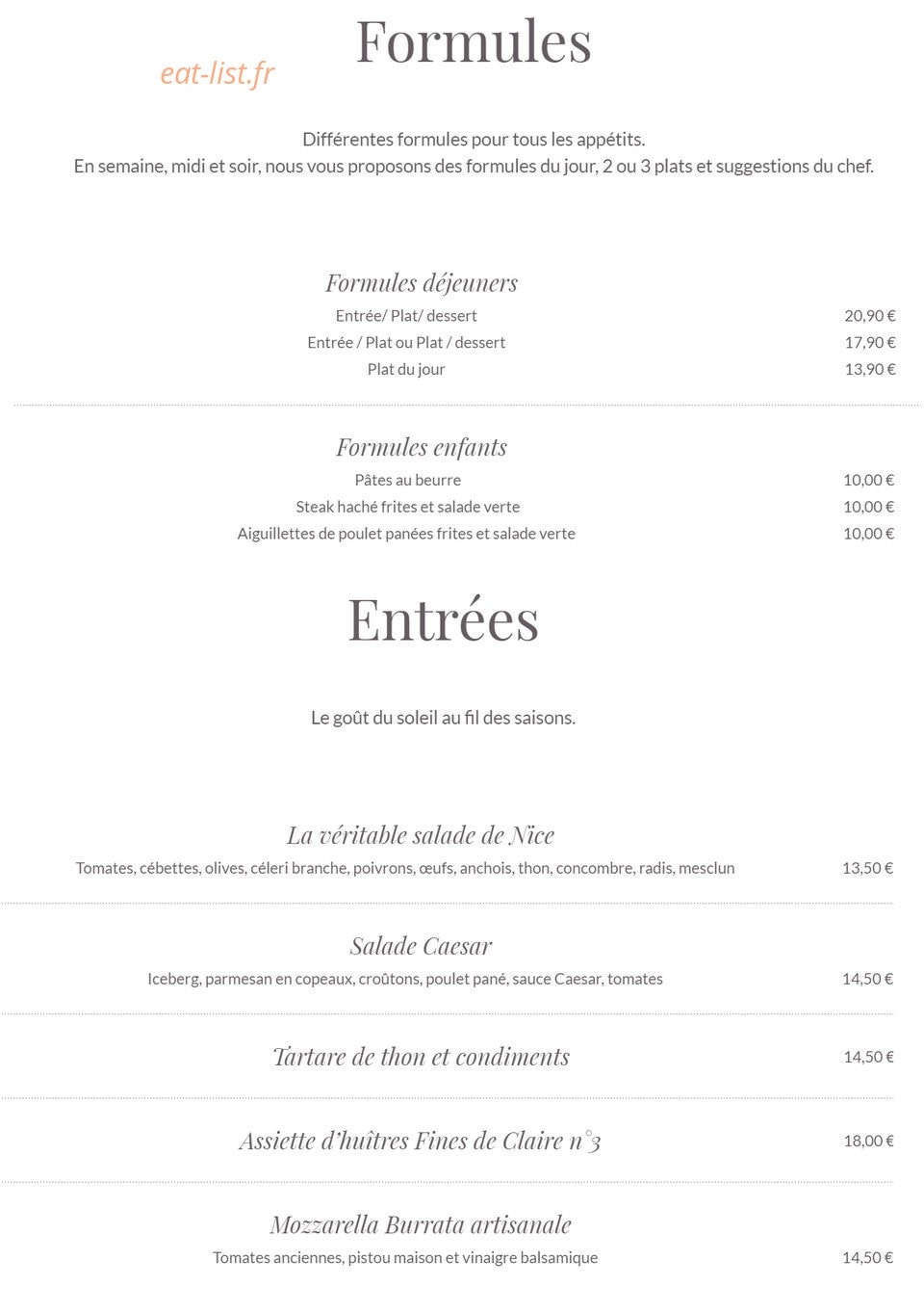 Carte et menu de Les Terrasses du Syracuse à Villeneuve Loubet — Les formules et entrées
