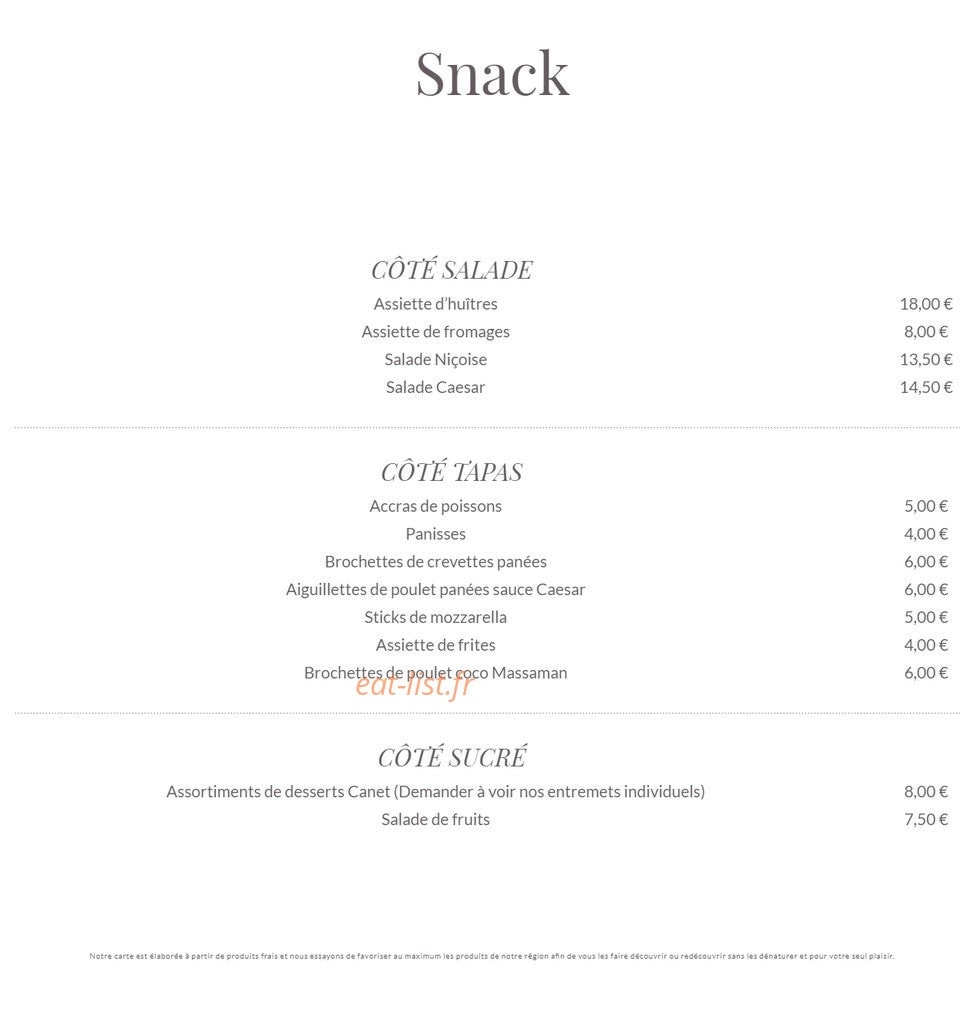Carte et menu de Les Terrasses du Syracuse à Villeneuve Loubet — Le snack