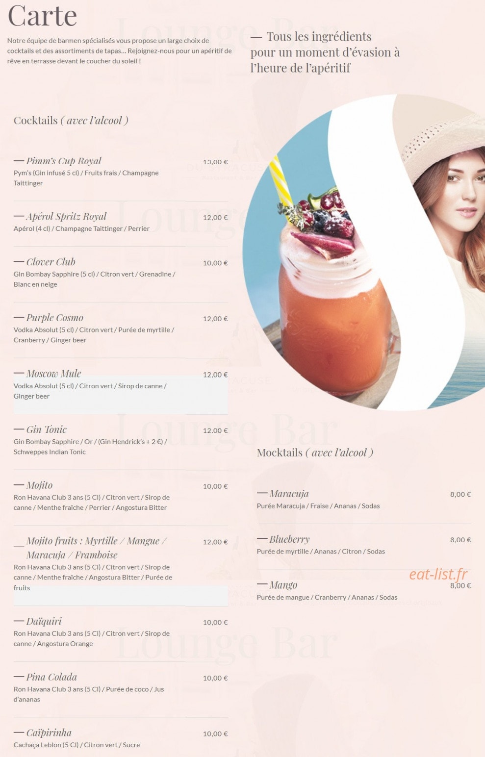 Carte et menu de Les Terrasses du Syracuse à Villeneuve Loubet — Les cocktails