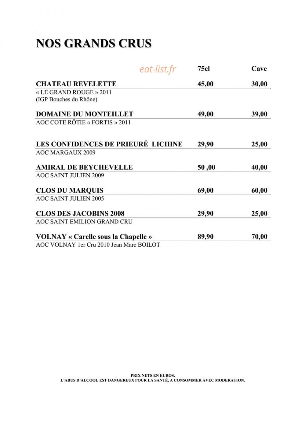 Carte et menu de Les Touristes à Villeneuve Loubet — Les grands crus