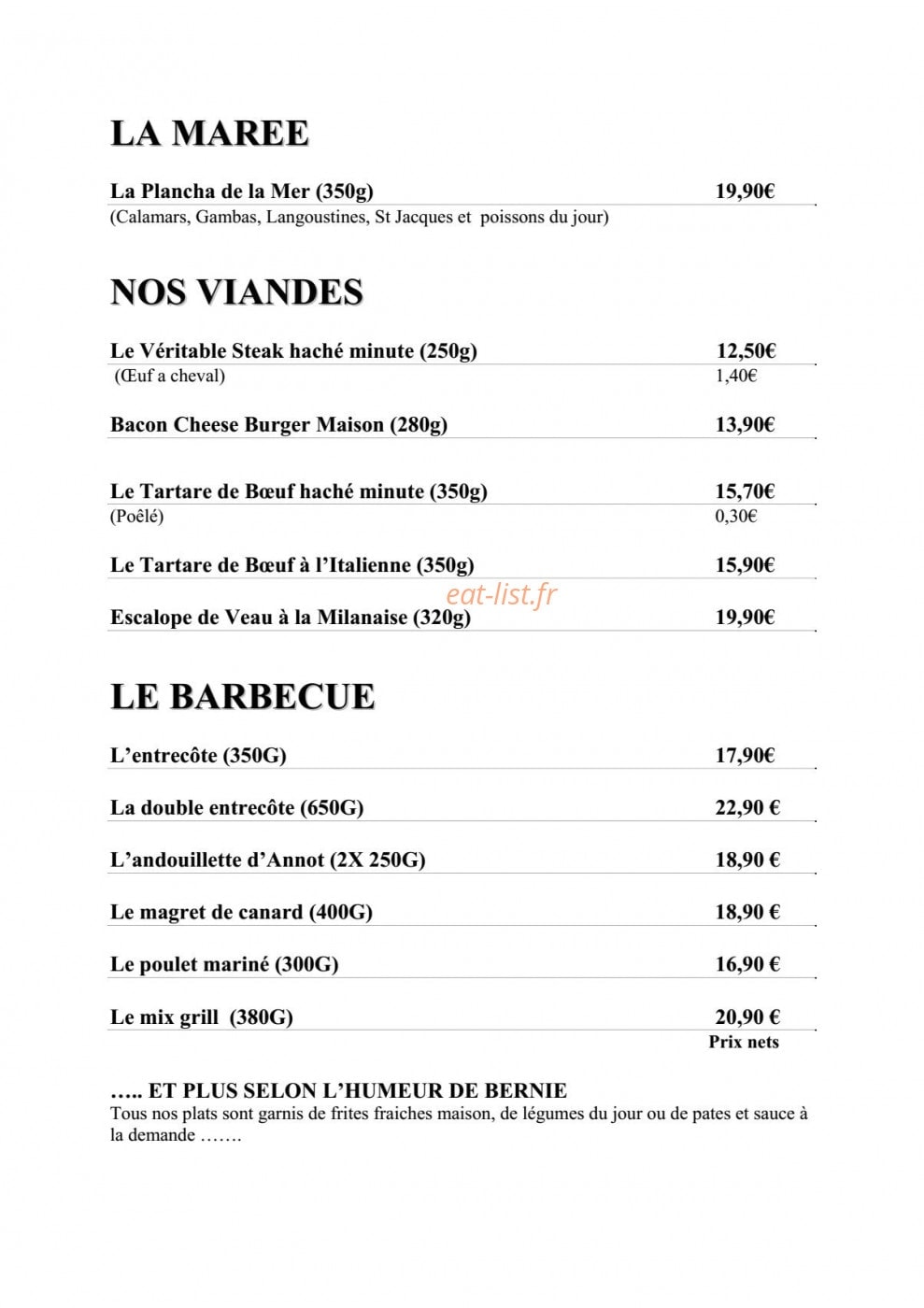 Carte et menu de Les Touristes à Villeneuve Loubet — La marée, viandes et barbecue