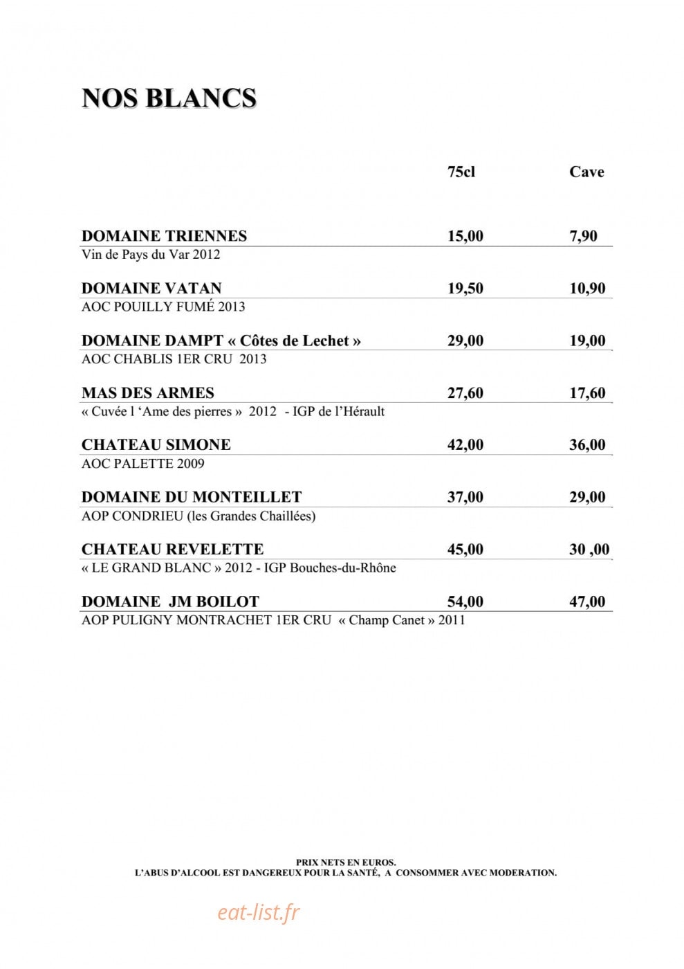 Carte et menu de Les Touristes à Villeneuve Loubet — Les vins blancs
