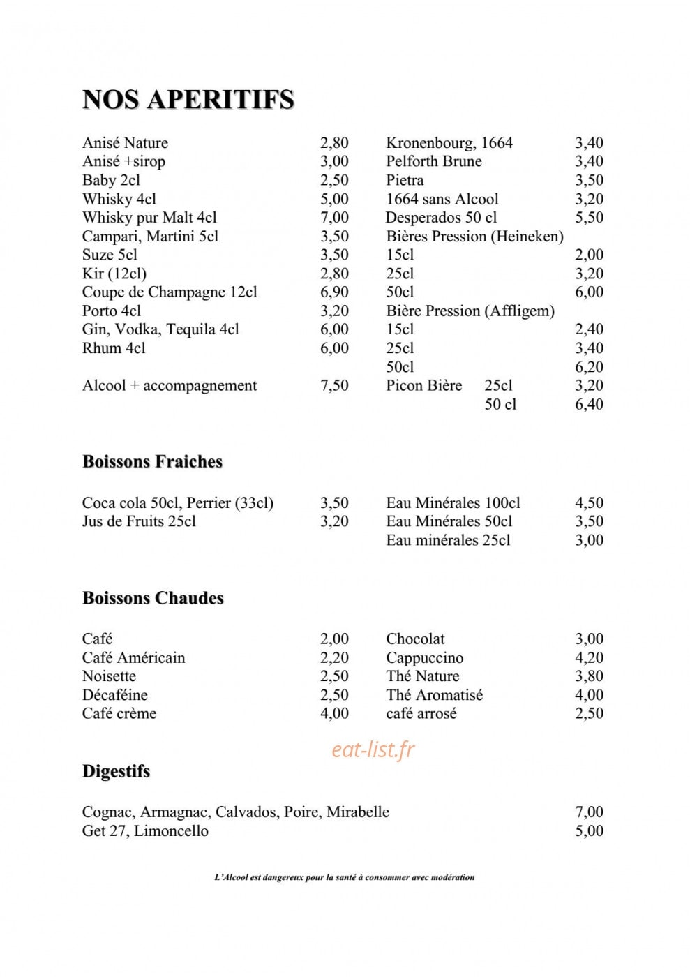 Carte et menu de Les Touristes à Villeneuve Loubet — Les apéritifs