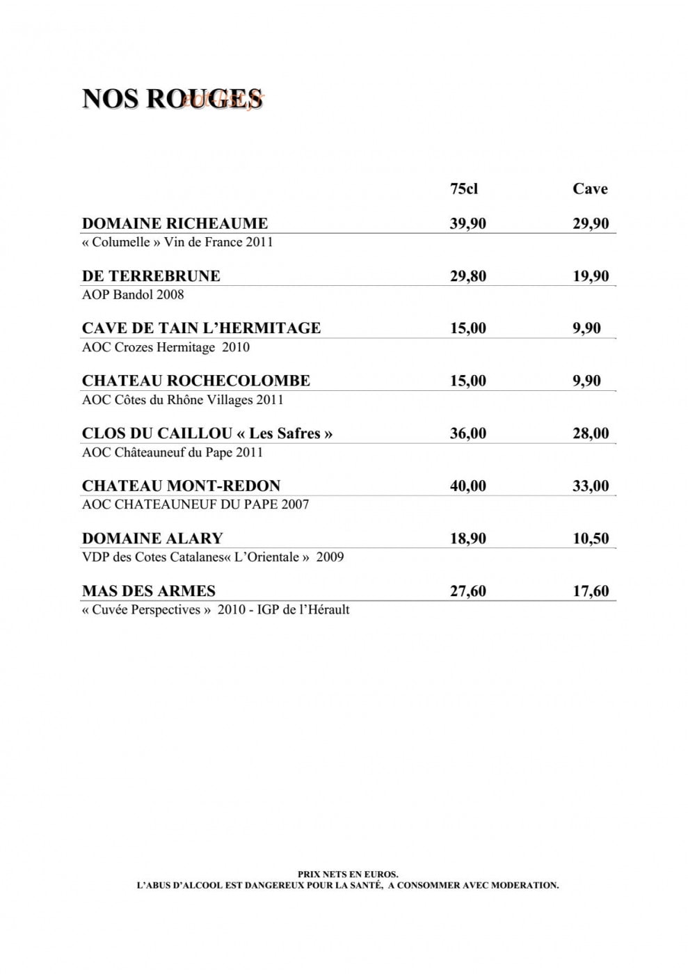 Carte et menu de Les Touristes à Villeneuve Loubet — Les vins rouges