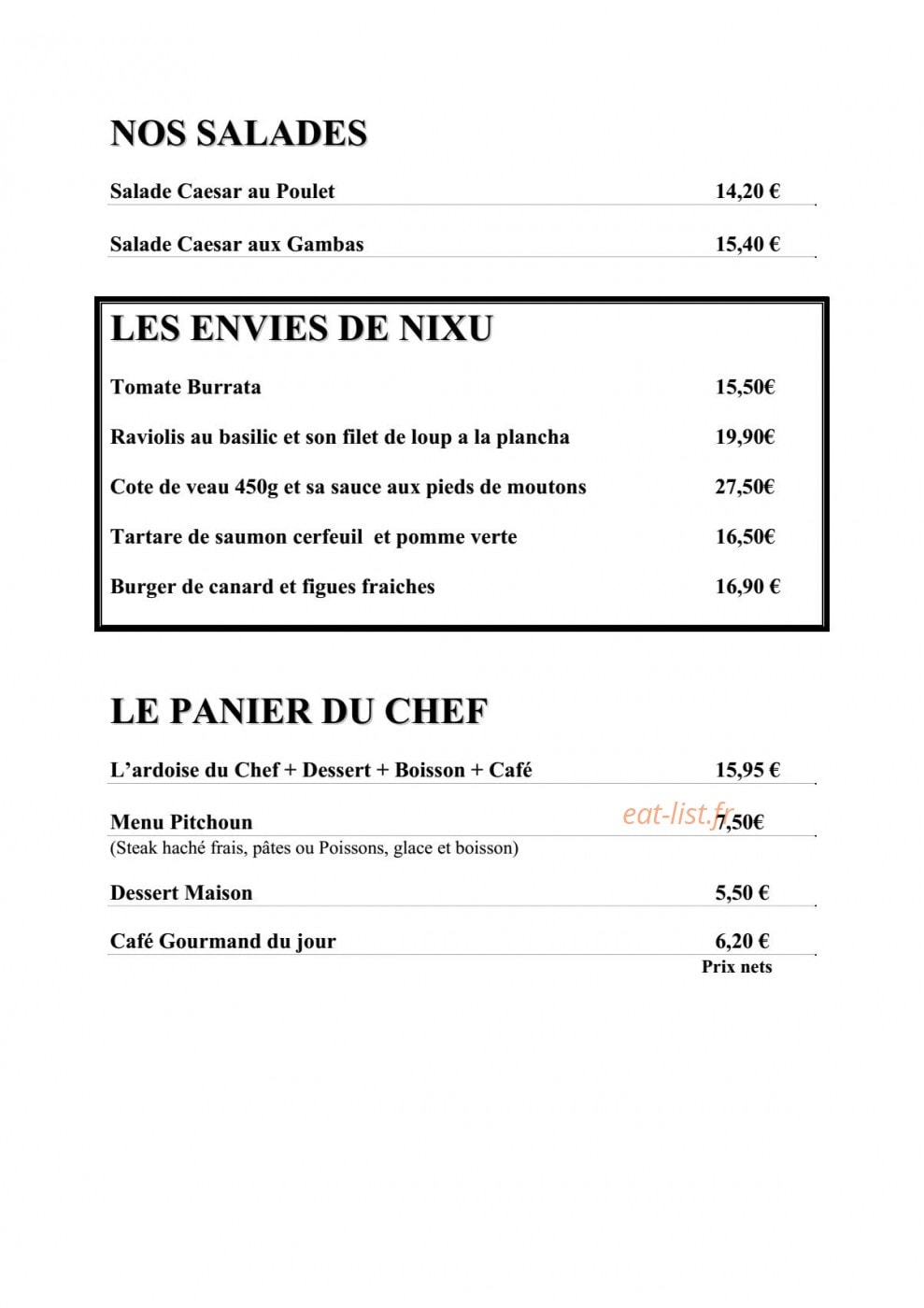 Carte et menu de Les Touristes à Villeneuve Loubet — Les salades et panier du chef